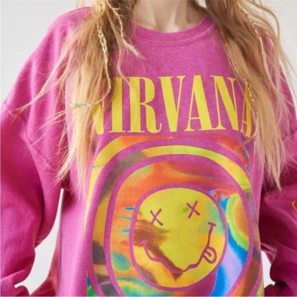 Pink Smiley Nirvana Sweatshirt Oversized Sweat Top S - M - Picture 2 of 5